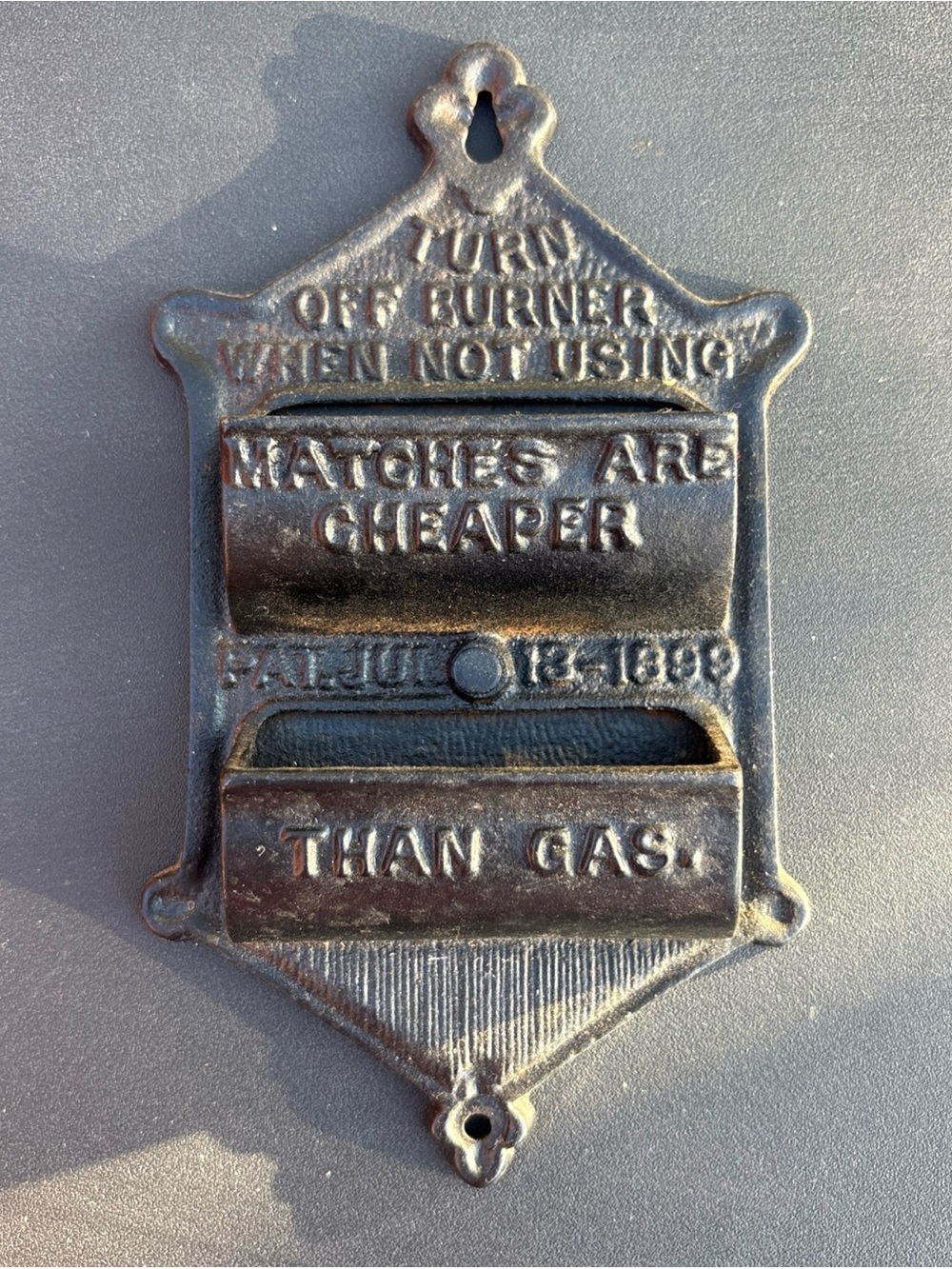Vintage Metal Match Safe Plaque "Matches Are Cheaper Than Gas" - Dark Bronze